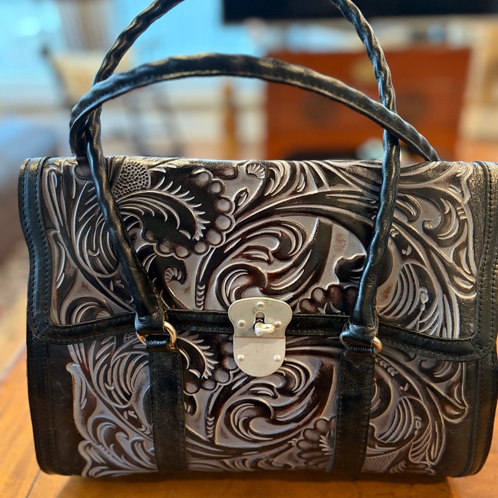 Patricia Nash Black & Silver Gray Tooled Leather Vienna Satchel